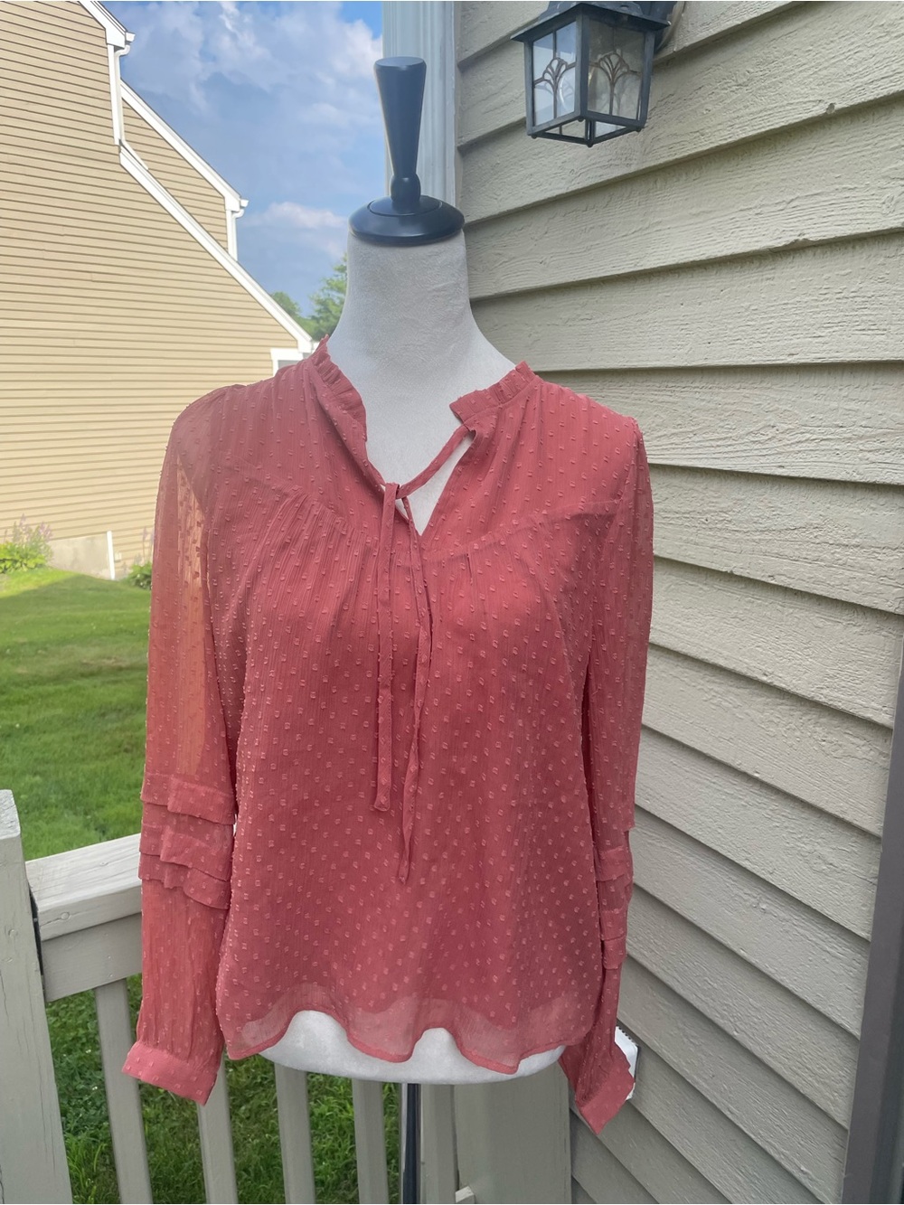 LOFT Dusty Rose Tie-Neck Textured Blouse